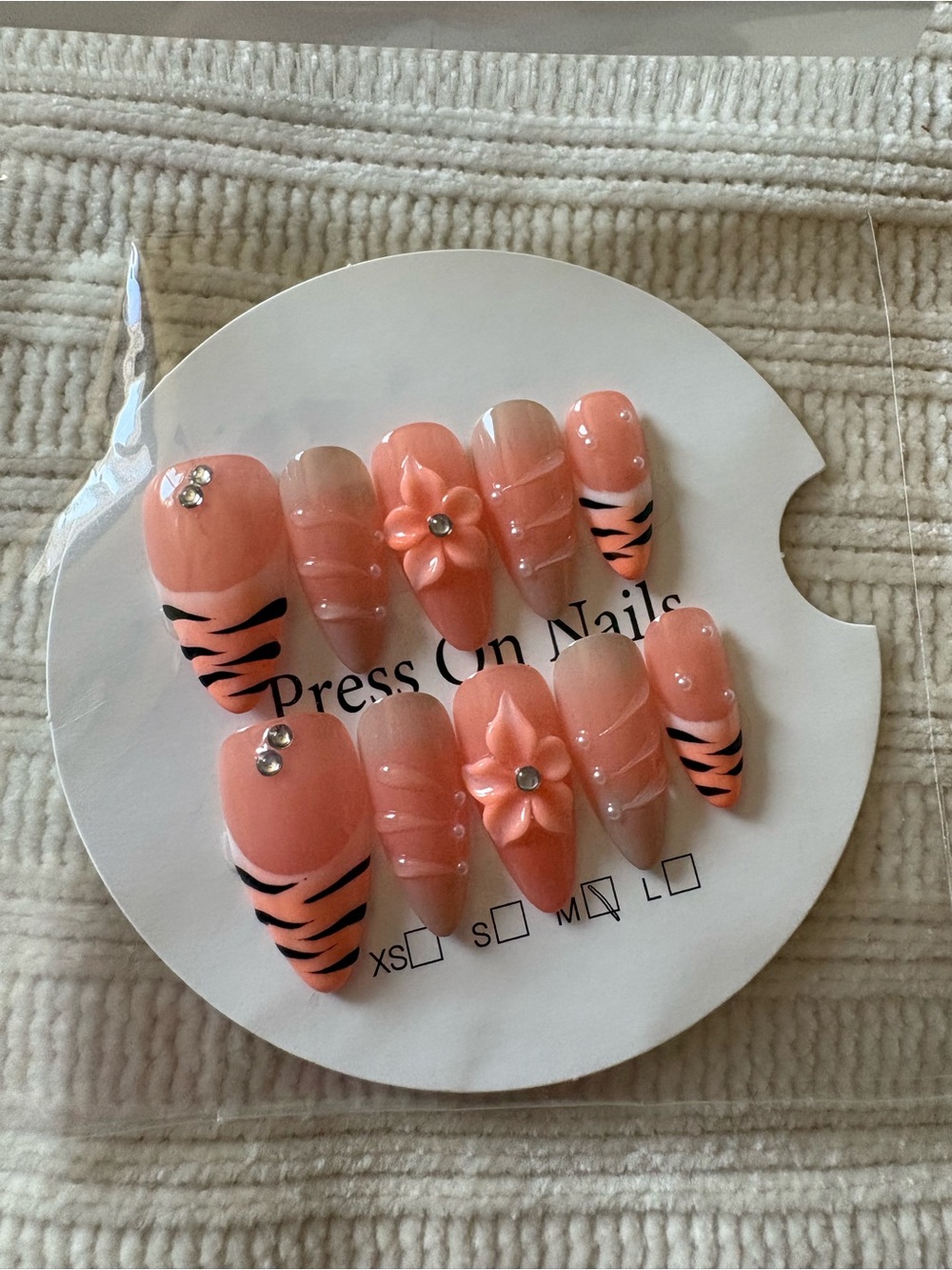 3D Peach Floral Press-On Nails Peach Design Size Medium